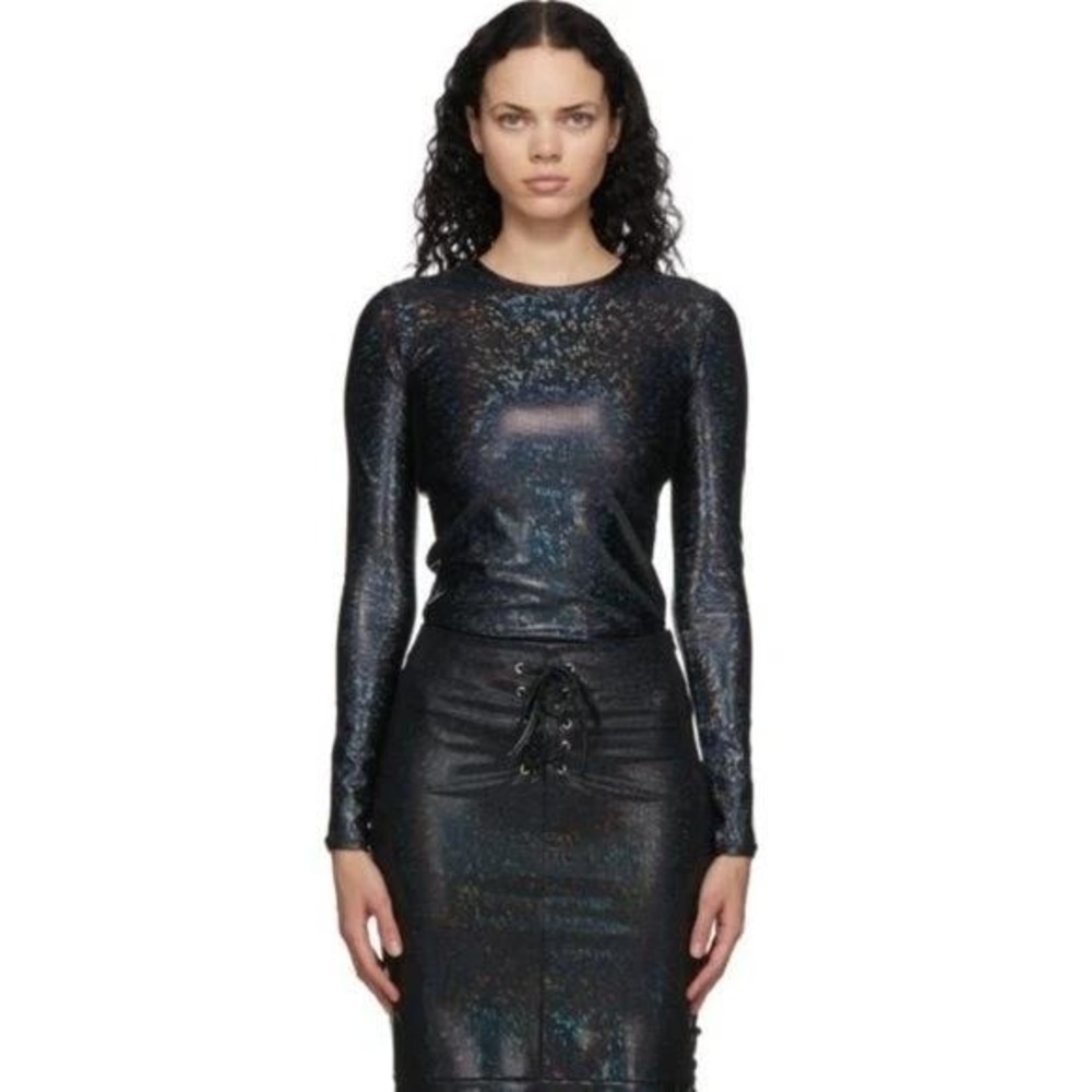Saks Potts Saya Blouse Black Shimmer Metallic Holographic Glitter Top Cyber Y2K